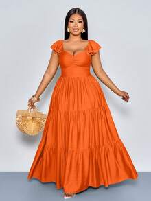 SOLERSUN Vestido maxi elegante de verano para mujer de talla grande, de unicolor, con cuello halter en V, plisado, corte evasé, fluido y elegante, ideal para vacaciones, playa y primavera y verano - Naranja - Ver 1