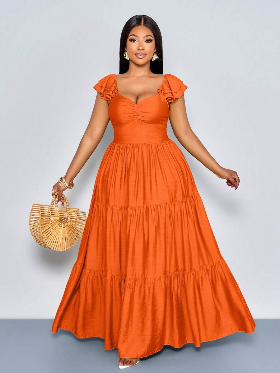 SOLERSUN Vestido maxi elegante de verano para mujer de talla grande, de unicolor, con cuello halter en V, plisado, corte evasé, fluido y elegante, ideal para vacaciones, playa y primavera y verano - Naranja - Ver 1