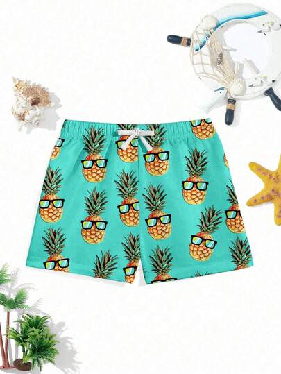 SHEIN Young Boy Casual Loose Fashionable Cute Classic Stylish Pineapple Graphic Print Shorts Swim Trunks, Suitable For Summer