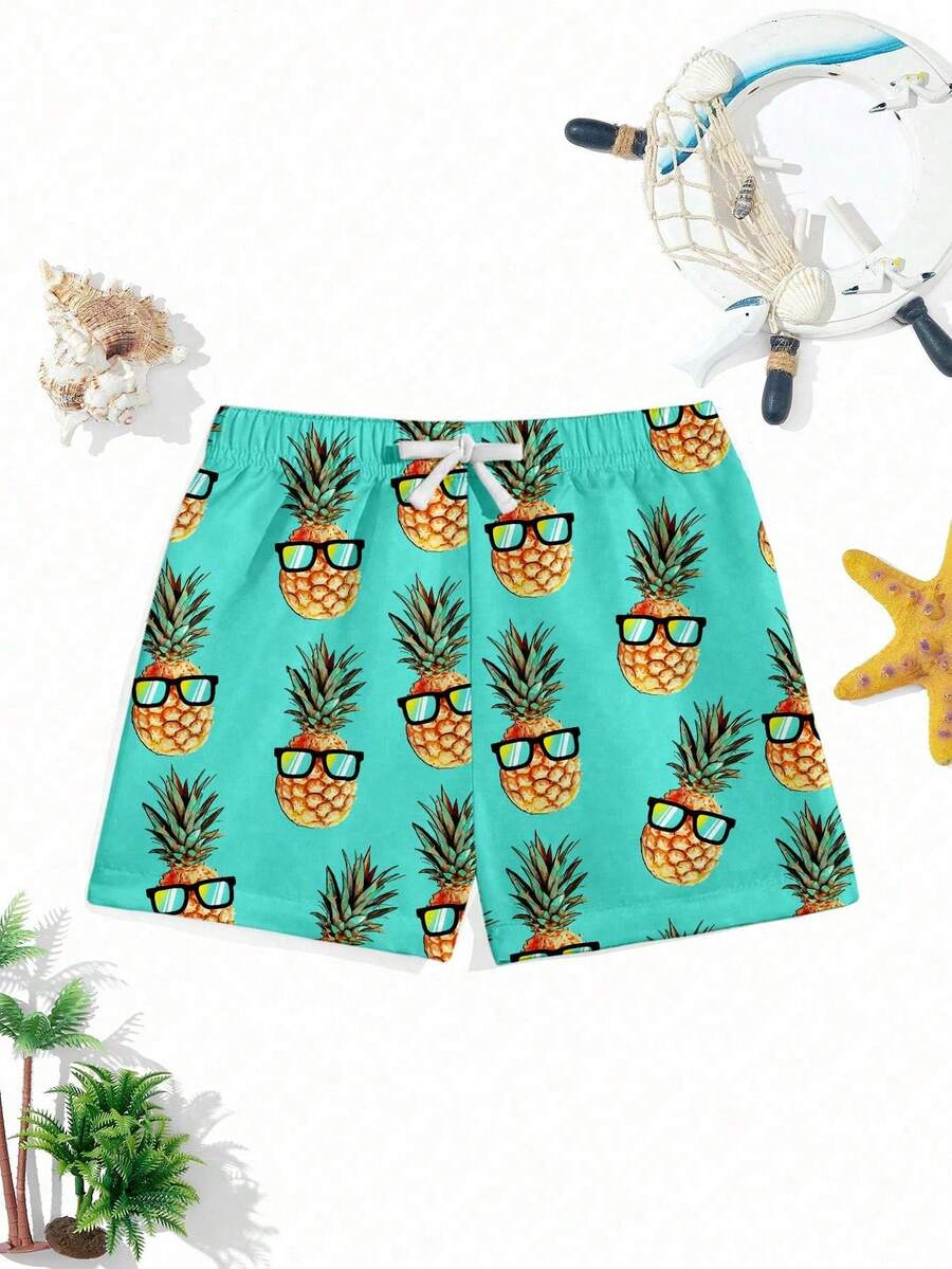 SHEIN Bermudas tipo traje de baño con estampado gráfico de piña, de estilo casual, holgado, lindo y elegante para niño, adecuadas para el verano - Multicolor - Ver 1