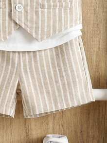 3件套男宝宝夏季可爱百搭彼得潘领衬衫、背带短裤绅士套装，适合生日派对、晚宴、演出、婚礼、迎婴派对、婚礼宾客、花童、戒指童、女童 - 杏色 - 查看 5