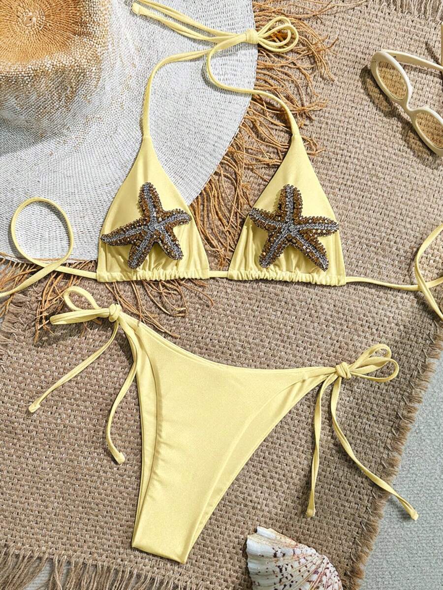 Swim Vcay 春假新款女士海星水钻装饰比基尼上衣和侧系带比基尼泳裤高端两件套泳装,节日波西米亚风 - 黃色 - 查看 1