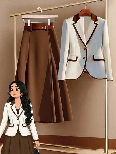 GlowEve CURVE Áo khoác blazer viền tương phản cài đơn và chân váy chữ A thời trang công sở thanh lịch, giản dị, trang phục công sở cổ điển, trang phục ngày lễ, áo khoác blazer màu mơ và chân váy nâu, bộ 2 món thu/đông