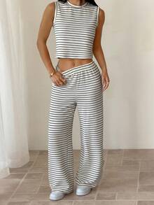 SHEIN PETITE Bộ đồ nữ 2 món gồm áo tank top và quần dài kẻ sọc, kiểu dáng thường ngày. - Đen và trắng - Xem 7