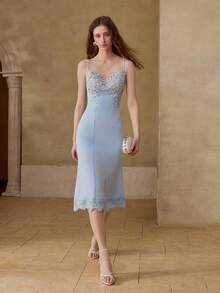 MOTF PREMIUM VESTIDO DE FIESTA/BODA ELEGANTE AJUSTADO CON ENCAJE DE CONTRASTE PARA MUJER PRIMAVERA/VERANO - Celeste - Ver 7
