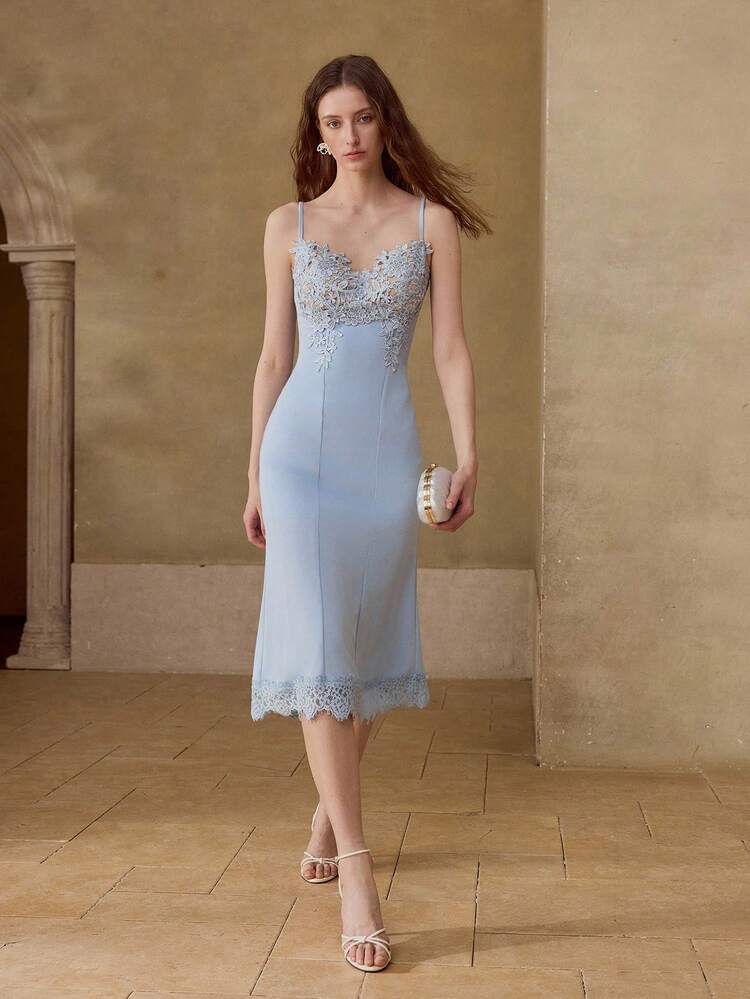 WOMEN'S SPRING/SUMMER CONTRAST LACE FITTED ELEGANT PARTY/WEDDING DRESS