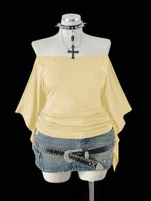 Sunspun-D 大码女式露肩褶皱腰部复古朋克风长袖T恤，适合日常穿着、通勤和办公场合。 - 黃色 - 查看 3