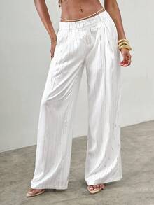 SHEIN ICON 女士Y2K低腰宽松阔腿及地长裤灰色竖条纹裤 - 白色 - 查看 4