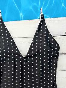 Swim Mod 2026 Spring/Summer Yellow Base Brown Polka Dot + Brown Yellow Striped Reversible Adjustable Spaghetti Strap One-Piece Swimsuit - Black and White - View 4