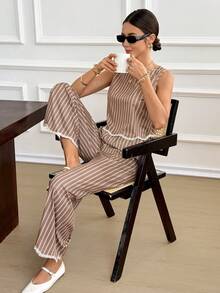 Serisse Bộ đồ 2 món dành cho nữ: Áo tank top cổ tròn, vạt bất đối xứng, thêu sọc và quần dài có túi, thích hợp cho kỳ nghỉ. - màu nâu - Xem 6