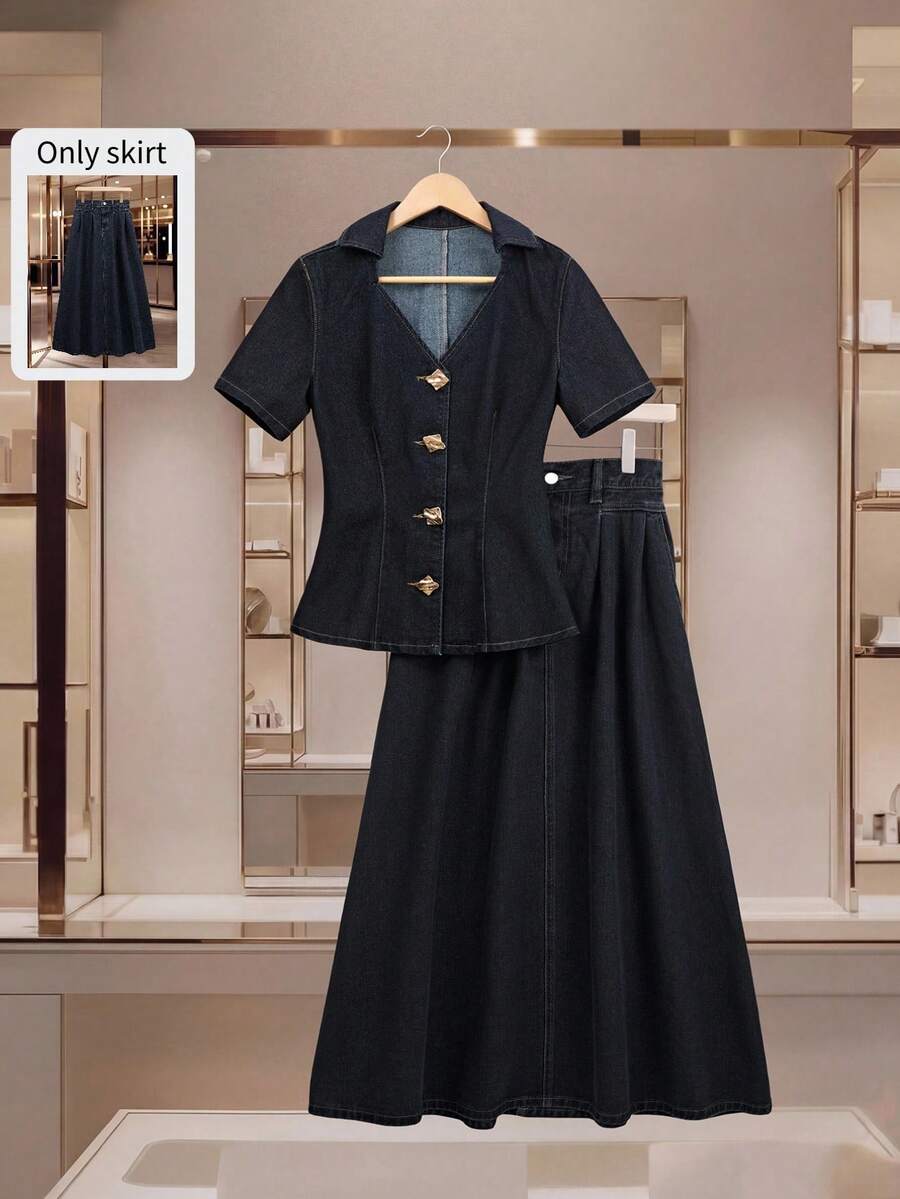 GlowEve Chân váy denim wash thường ngày dành cho nữ - Màu xanh lam - Xem 1