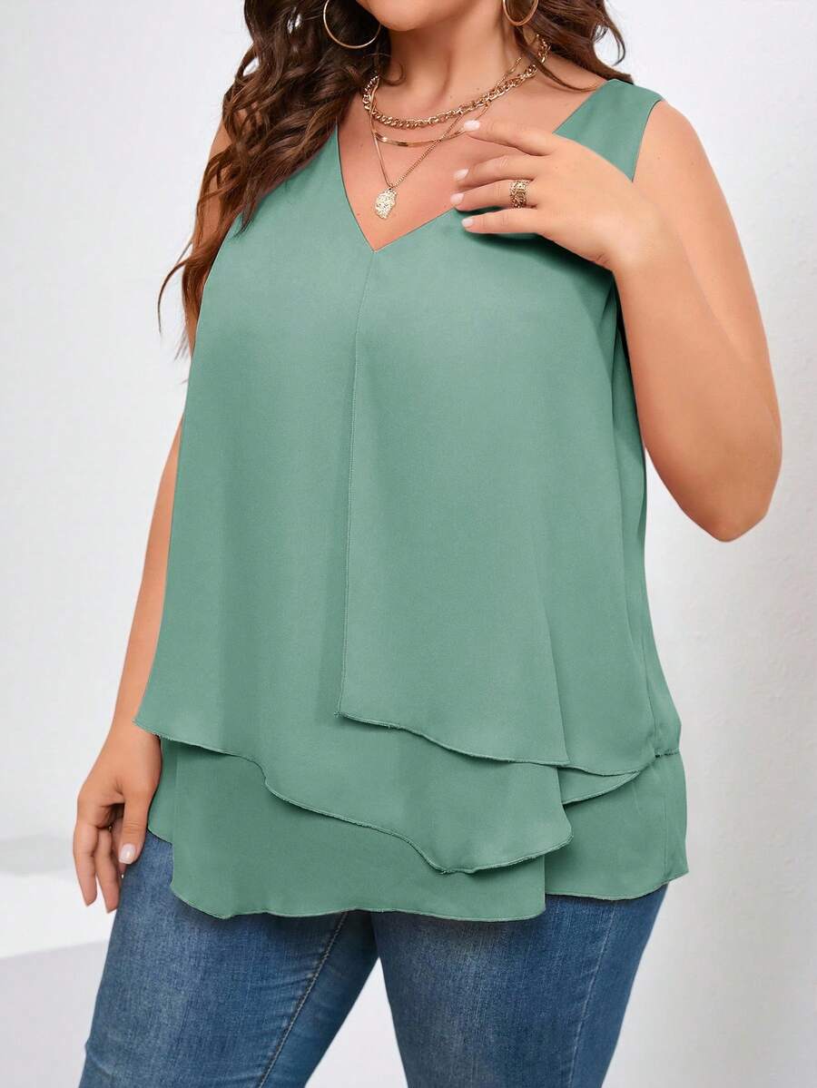 SHEIN Clasi Plus Size Solid Color V-Neck Layered Sleeveless Elegant Blouse - Mint Green - View 1