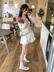 DAZY Chân váy ngắn xếp ly kiểu Hàn Quốc dành cho nữ, có bèo nhún ở gấu, kiểu dáng thường ngày. - trắng - Xem 6