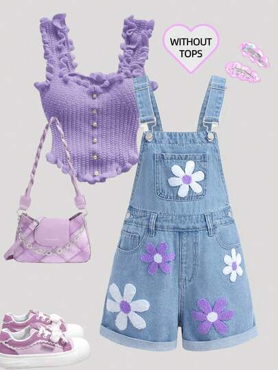 Girlism Tween Girl Y2K Spring Summer Light Stone-Washed High Waist Floral Embroidered Pattern Blue Denim Loose Jumpsuit Overalls, Bermuda Summer Short, Kids Summer Baggy Denim Long Short Jean Shorts, Suitable For Spring And Summer, Season Vintage//Beach/Sea/Concert Elegant Graduation, Valentine's Day, Summer Holidays, Beach Vacation Holidays