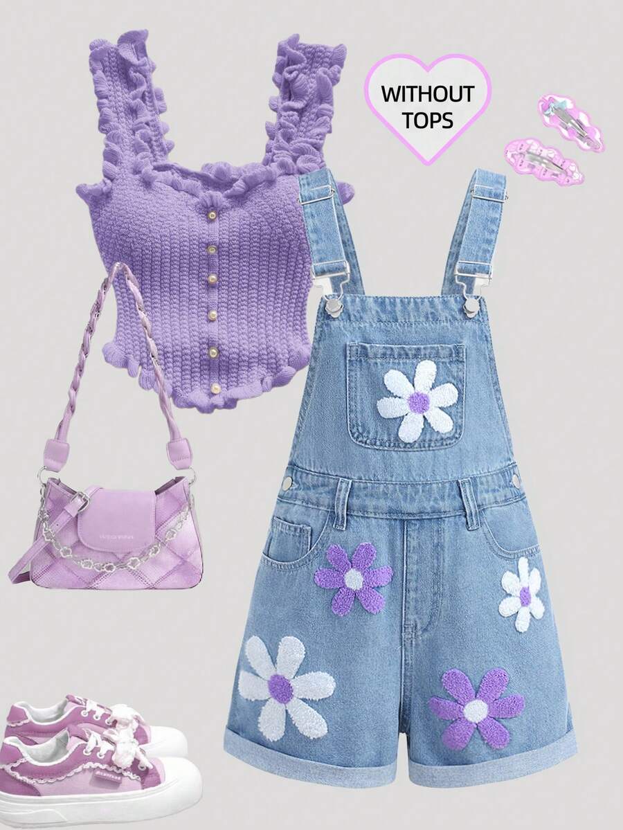 Girlism 青少年女孩 Y2K 春夏輕石洗高腰花卉刺繡圖案藍色牛仔寬鬆連身褲吊帶褲,百慕達夏季短褲,青少年女孩夏季寬鬆牛仔長短牛仔短褲,適合春夏,復古/海灘/海洋/音樂會優雅畢業季,情人節,夏季假期,海灘度假假期 - 淺色水洗藍 - 查看 1