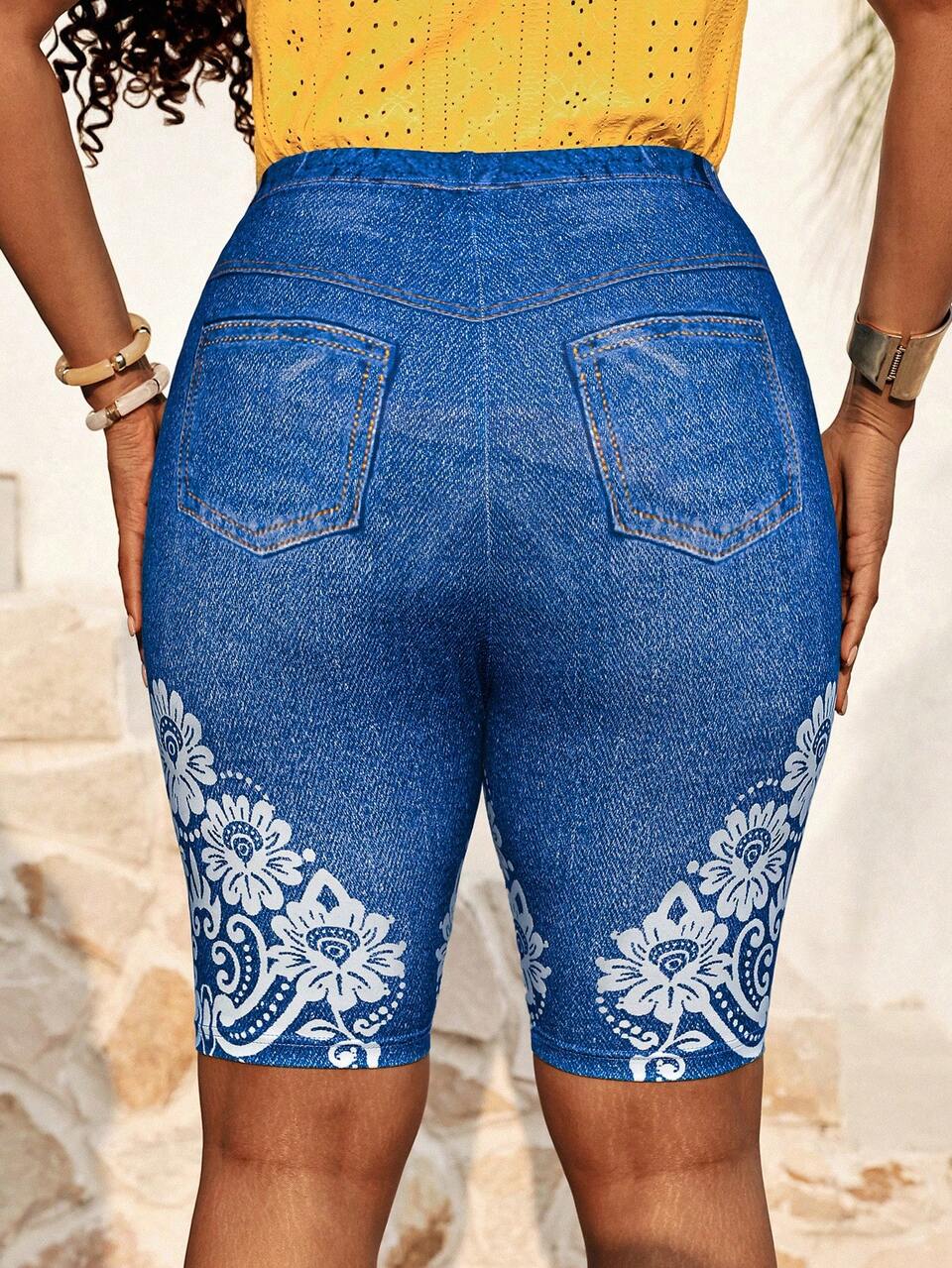 Plus Size Women Sunflower Print Casual Capri Leggings Summer Shorts Jeans Yrack Suits For Ladies Gym Brown
