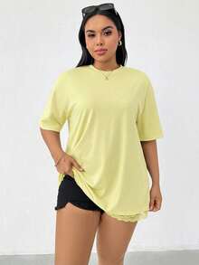 SHEIN Essnce 大码女装春夏时尚休闲宽松舒适日常百搭显瘦黑色蕾丝边短袖长款T恤，外出上衣，夏季穿搭，简约风格 - 黃色 - 查看 6