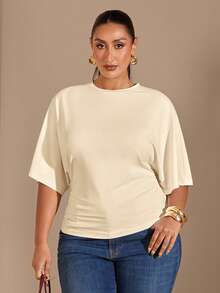 SHEIN BAE Plus Size Women's Summer Minimalist Y2K Basic Daily Wear Casual Back To School Streetwear Stretchy White Loose Ruched Crop Tees - Apricot - View 3