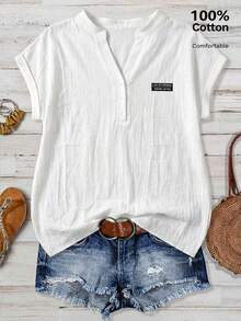 EMERY ROSE 100% Cotton Embroidered Letter Pattern Women Shirt, Suitable For Outdoor Wear,Summer Top - White - View 8