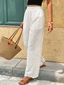 Serisse 女士度假休闲纯色镂空刺绣裤 - 白色 - 查看 1
