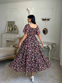 Lyrianda Vestido de verano casual y romántico con estampado floral pequeño para mujer talla grande - Negro - Ver 2