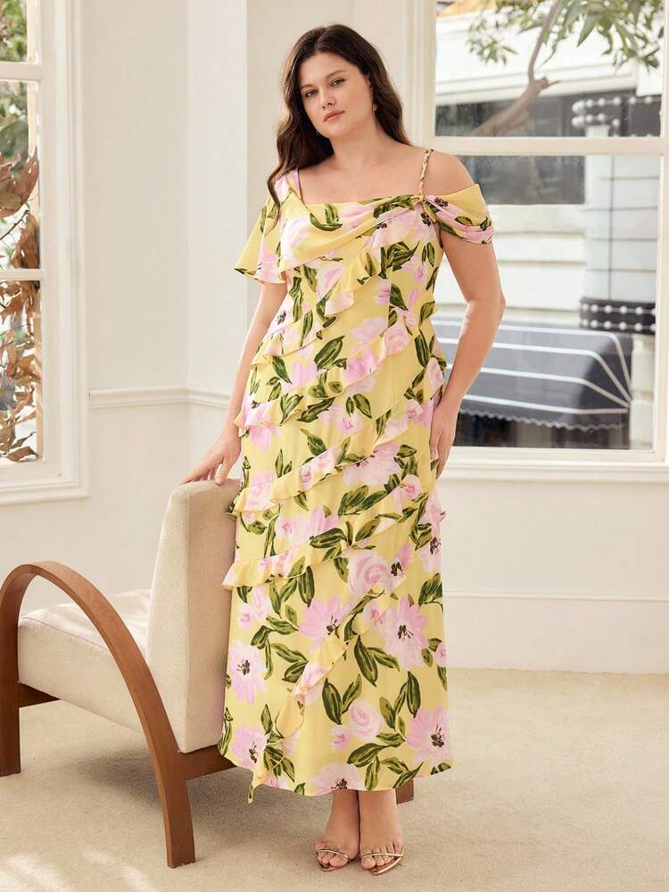 PLUS SIZE WOMEN FLORAL PRINT RUFFLE HEM DRESS, SPRING/SUMMER