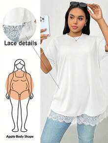 大码女装春夏时尚休闲宽松舒适日常百搭显瘦黑色蕾丝边短袖长款T恤，外出上衣，夏季穿搭，简约风格 - 白色 - 查看 1