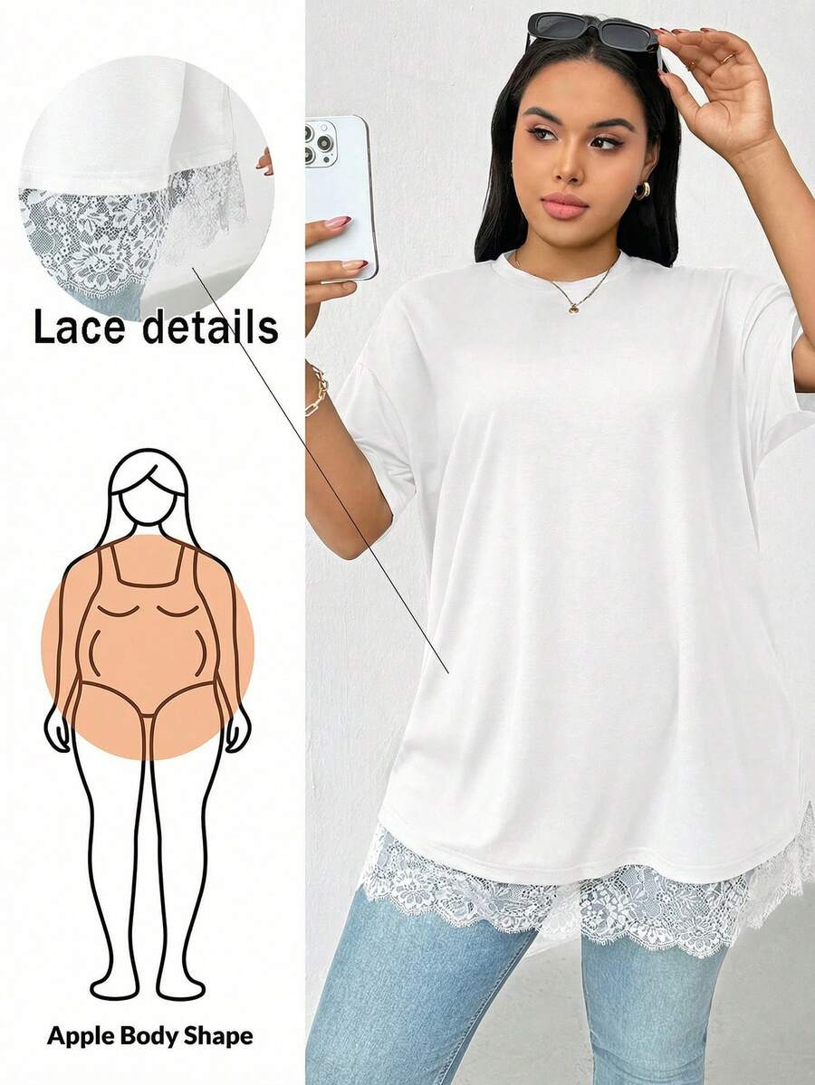 大码女装春夏时尚休闲宽松舒适日常百搭显瘦黑色蕾丝边短袖长款T恤，外出上衣，夏季穿搭，简约风格 - 白色 - 查看 1