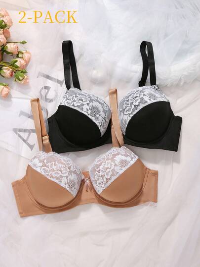 Bộ 2 áo ngực cỡ lớn, ren thêu họa tiết, mỏng, cổ chữ V sâu, tôn dáng, gợi cảm dành cho nữ.