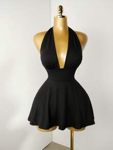 Mistrie Mono negro de verano para mujer, diseño de escote en V profundo y espalda descubierta, tela de mezcla de algodón cómoda y agradable a la piel, adecuado para salidas casuales de verano, té de la tarde, atuendo de verano para mujer - Negro - Ver 4