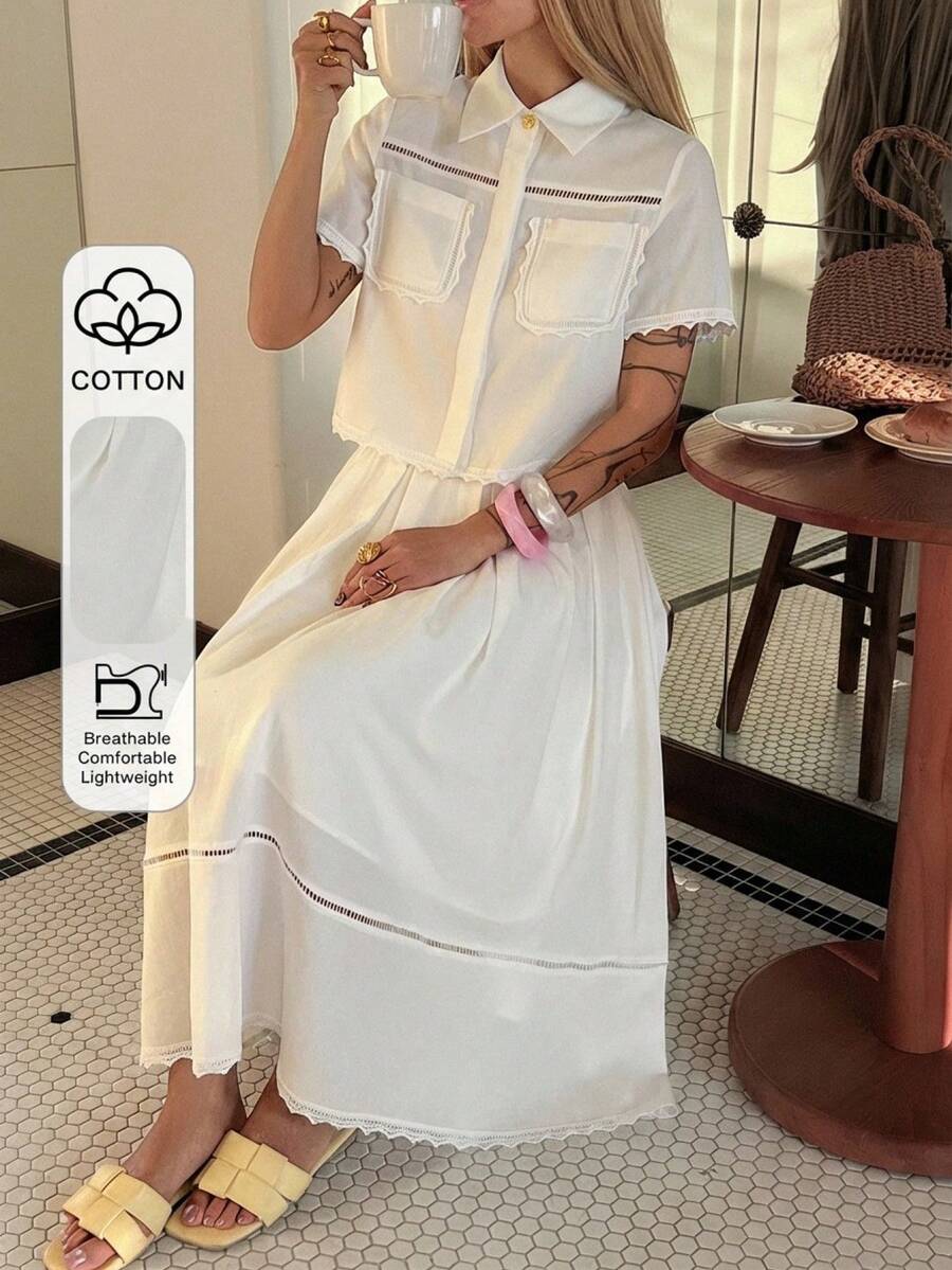 DAZY 女士优雅蕾丝拼接口袋衬衫和半裙两件套,春夏款,婚礼宾客女士休闲套装 - 白色 - 查看 1