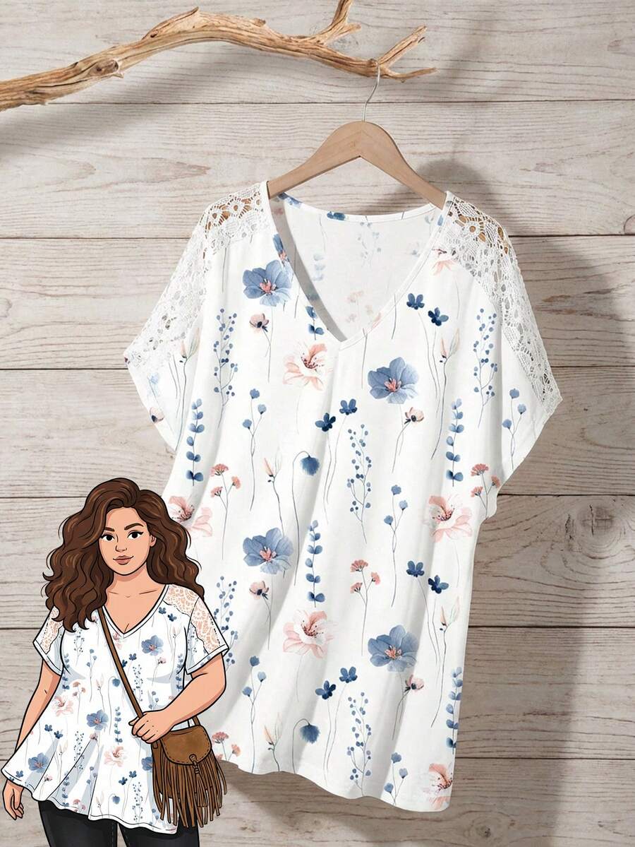 Rusticease Plus Size Women V-Neck Floral Print Casual Versatile Daily Wear T-Shirt - Multicolor - View 1