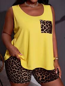 SHEIN CURVE+ 2 pièces/set 2025 Nouveau Top de réservoir et short de moto imprimé léopard orange polyvalent et extensible. Ensemble décontracté pour la plage, style bohème pour les vacances, tailles plus - Jaune citron - Voir 5