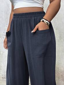 Freevana Plus Size Casual Pocket Hem Pants - Navy Blue - View 7