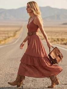 LanaWest New V-Neck Spaghetti Strap Layered Ruffle Hem Western Style Dress - Pink - View 4