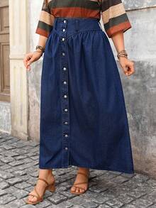 EMERY ROSE Chân váy denim màu xanh nhạt không co giãn, thoải mái, dáng rộng dành cho nữ, cỡ lớn. - Rửa trung bình - Xem 6