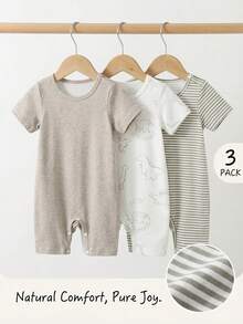 SHEIN Vintaside Kids 3件裝男嬰卡通恐龍印花條紋圓領短袖連身衣 卡其色夏季休閒舒適新生兒幼兒套裝 - 彩色 - 查看 1
