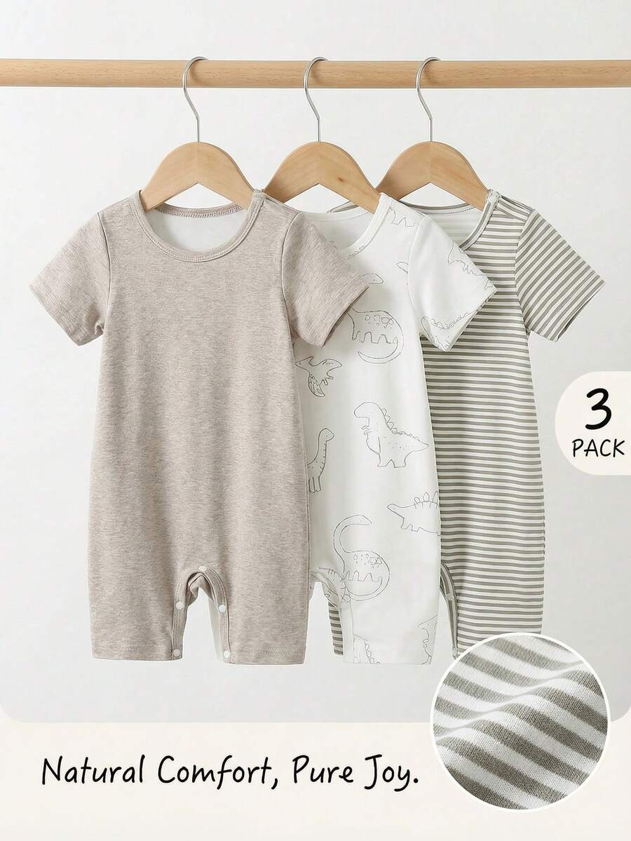 SHEIN Vintaside Kids 3件裝男嬰卡通恐龍印花條紋圓領短袖連身衣 卡其色夏季休閒舒適新生兒幼兒套裝 - 彩色 - 查看 1