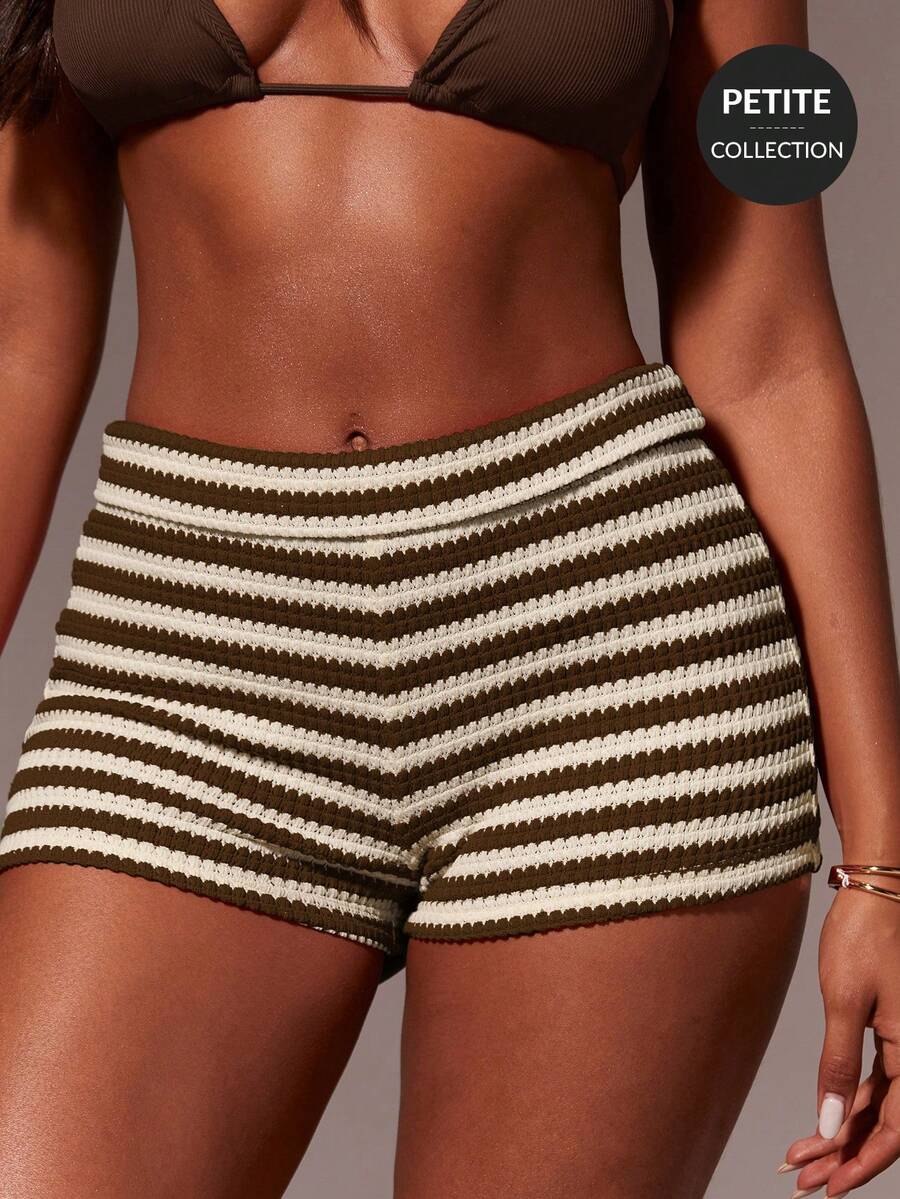 Athîral Petite 女士松紧腰休闲条纹短裤 - 咖啡棕 - 查看 1