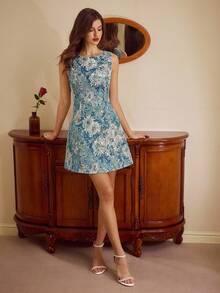 Vintamour Vestido de mujer elegante y clásico vintage, vestido ajustado de jacquard para primavera/verano, vestido de escote barco y línea A, vestido de jacquard con estampado de flores azules - Azul - Ver 4