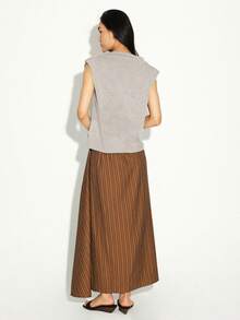 KSTM Chân váy maxi dài ngang gối kẻ sọc cạp cao dành cho nữ, có dây buộc bên hông, màu nâu, thanh lịch, kiểu dáng suông, thích hợp cho mùa thu. - Cà phê nâu - Xem 2