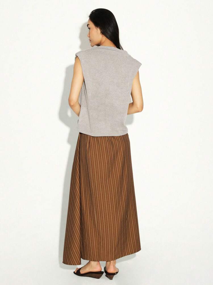 KSTM 여성용 하이 웨이스트 스트라이프 랩 맥시 스커트, 옆면 타이 디테일 브라운 롱 우아한 미디 플로이 가을 패션