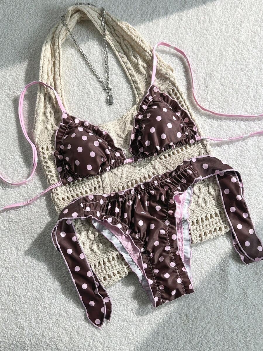Swim Mod Women's Random Print Halter Neck Ruffle Bikini Set, Spring/Summer - Multicolor - View 1