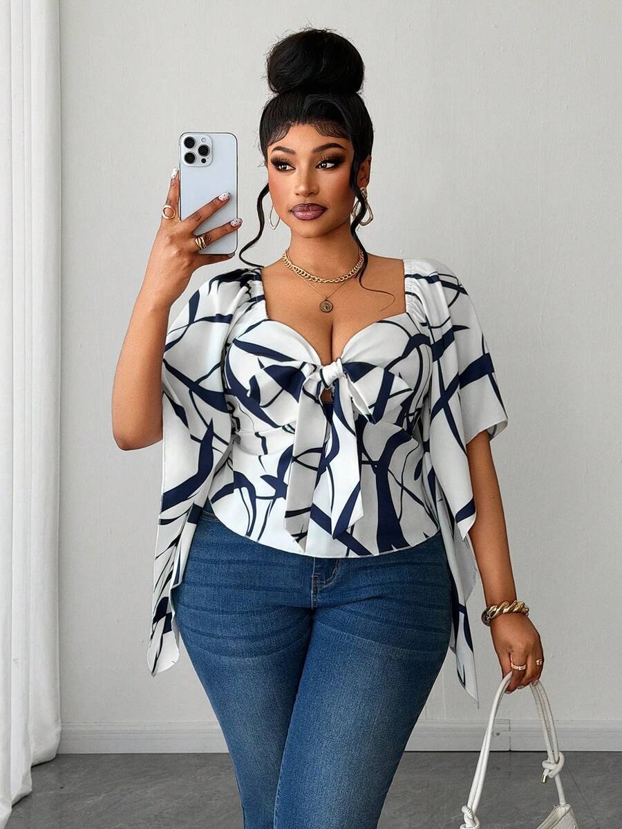 Maweii Plus Size Women's White Striped Print Deep V-Neck Tie Bow Asymmetrical Ruffle Sleeve Summer Cinched Waist Blouse, Elegant Vacation Clothing - Blue and White - View 1