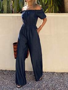 DAZY Bộ jumpsuit denim nữ màu trơn thanh lịch, chất liệu denim bạc màu, kiểu dáng trễ vai, có bèo nhún, thích hợp cho mùa xuân/hè. - Rửa trung bình - Xem 3