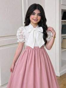 Conjunto de blusa de manga corta abullonada con bordado floral 3D y patchwork & falda elegante casual para niña preadolescente - Rosa - Ver 6