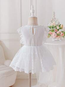 SHEIN Glamorique Kids Đầm bồng sang trọng, không tay, màu trắng, ren hoa, thắt eo cho bé gái. - trắng - Xem 4