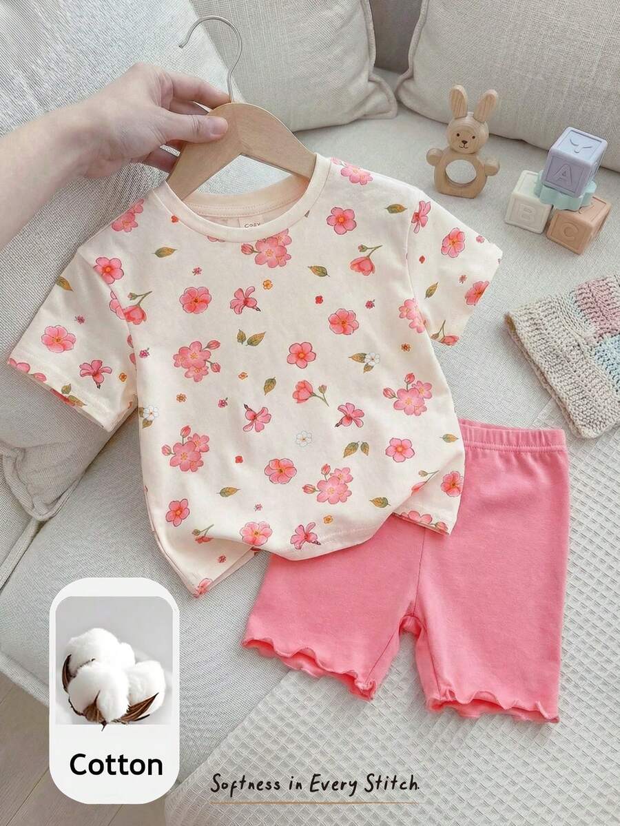 Cozy Pixies 儿童女童夏季粉色碎花短袖套装，柔软针织植物印花圆领T恤搭配纯色弹力腰骑行短裤两件套 - 彩色 - 查看 1