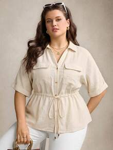 Comfylo Plus Size Women Drawstring Waist Short Sleeve Utility Pocket Loose Shirt - Apricot - View 9