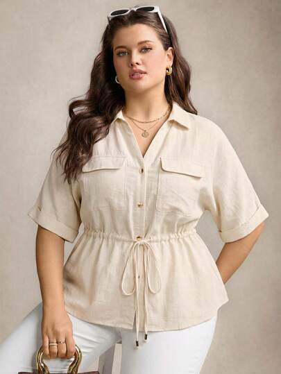 Zelara Plus Size Women Drawstring Waist Short Sleeve Utility Pocket Loose Shirt